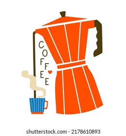 Ilustración vectorial con cafetera geyser, pequeña taza de café y letra Coffee. Afiche de tipografía de moda, diseño de huellas de ropa, afiche de decoración de paredes de cafés