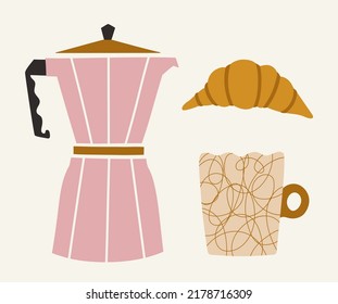 Vector illustration with geyser coffee maker, coffee cup with doodle print and croissant.  Morning breakfsast print, cafe menu design elements