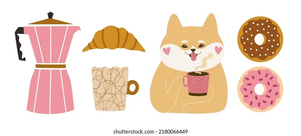 Vector illustration with geyser coffee maker, coffee cup with doodle print, donuts, croissant, shiba inu drinking tea, coffee or hot chocolate from pink mug. Morning breakfsast set, cafe menu design