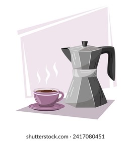 Vector illustration of a geyser coffee maker and a purple cup of burning coffee. Illustration of breakfast, food, drinks. Kitchenware. Equipment for preparing aromatic drinks.