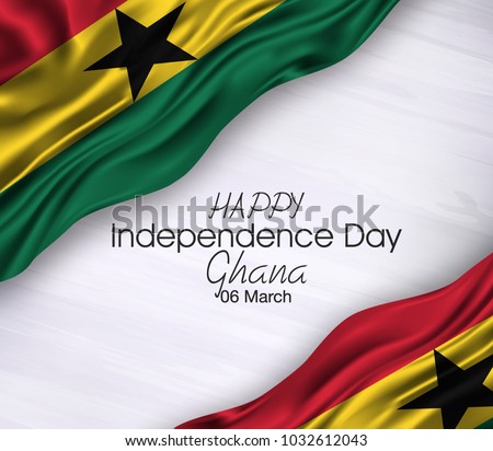 Vector illustration of Ghana Happy Independence Day 06 March. Waving flags isolated on gray background.