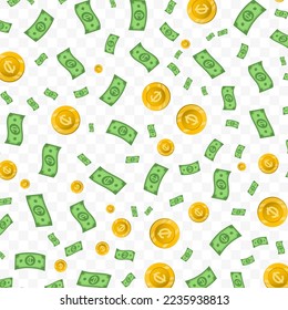 Vector illustration of Ghanaian cedi money. Random pattern of banknotes and coins in green and gold colors on transparent background (PNG). 