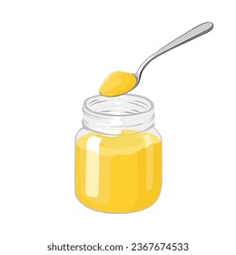 Vector illustration, ghee on a spoon, and in a glass jar, isolated on white background.