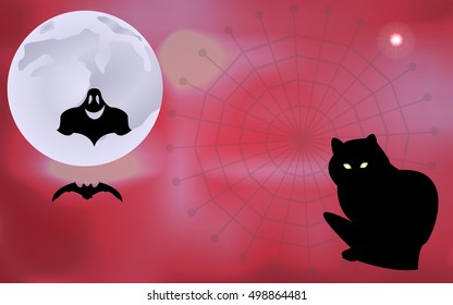 Vector illustration of a ghost and a bat flying around, black cat waiting for Halloween holiday