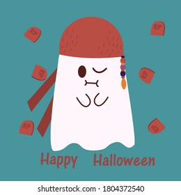 vector illustration of ghost in cartoon style for halloween in costume of pirate