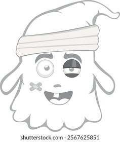 vector illustration ghost character cartoon, injured with bandages on his head, a black eye, a single tooth