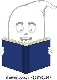 vector illustration ghost character cartoon, holding, reading and studying book