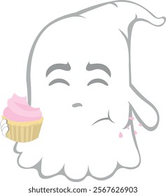 vector illustration ghost character cartoon, eating a raspberry cupcake or muffin