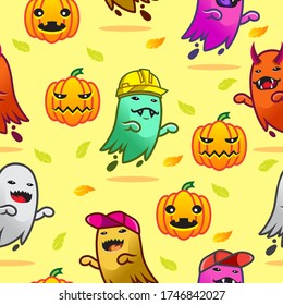 Ilustración vectorial de gráficos fantasmas con varias formas de caracteres de Halloween y caras de calabaza sin inconvenientes - Aislado en un fondo amarillo, diseño de patrones sin inconvenientes