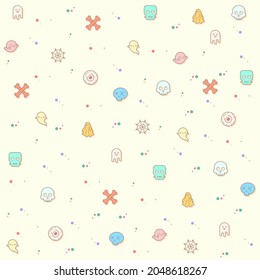 Vector illustration of a Ghost and Halloween. Collection of Skeleton, Eyeball, spook, alien, boo, spirit, phantom, spook and other elements. Isolated on beige.