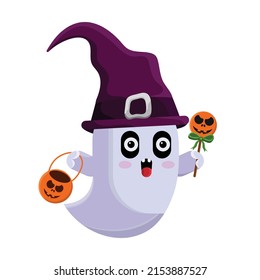 Vector illustration of Ghost halloween wear witch hat hold pumpkin candy and bag. Flat illustration cartoon halloween element.