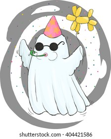 Vector illustration ghost Happy Birthday party. Little cute ghost with eyeglasses and pink cap with stars, with balloon like a dog in it hand. Confetti is all around