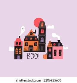 Vector illustration with a ghost house. Vector postcard for Halloween day. 