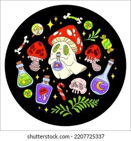 Vector illustration: a ghost with mushrooms, sweets and magic bottles