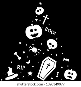Vector illustration with a ghost painted on it, a hat, a pumpkin, a spider on black background.