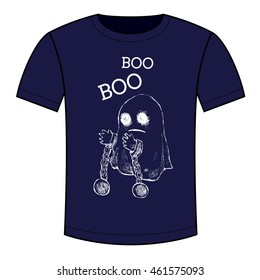 Vector illustration of a ghost and the phrase "Boo." Funny pictures for printing on T-shirts, bags, backpacks, children's clothes. Supernatural and magic. Black and white sketch.