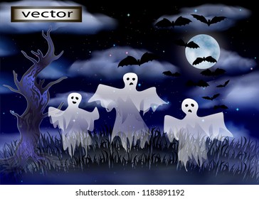 Vector illustration of a Ghost scaring night, full moon stars and bats flying around a gnarled scary tree background for Halloween