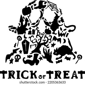 Ilustración vectorial de un fantasma en la silueta de un ícono de Halloween y una inscripción vectorial de TRICK o TREAT.