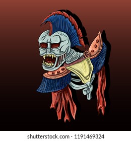 vector illustration of Ghost skeleton war in armor with Mohawk hairstyle, skull with scary grin, sticker print design