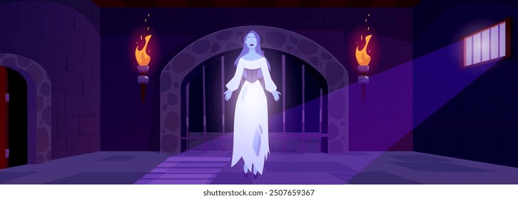 Ilustración vectorial de una mujer fantasma con un viejo vestido desgarrado. Fantasma gritando flotando en una mazmorra con barras y antorchas. Fantasma errante en una casa de terror. Tema de Halloween. Estilo plano.