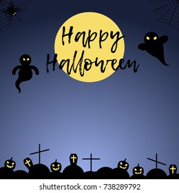 Vector illustration with ghosts, graves and pumpkins on night background. Color halloween image. Icon with elements of holiday. Festive postcard to the day of All Saints. Holiday card Happy Halloween.