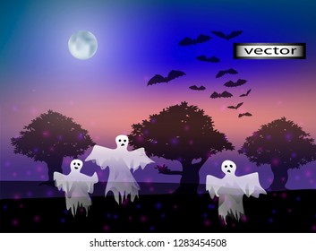 Vector illustration of ghosts in the green twilight among the black silhouettes of the trees in the woods scary Ghost story with bats in the moonlight