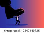 Vector illustration of a giant army boot trampling on a man, dictator, under pressure, oppression concept