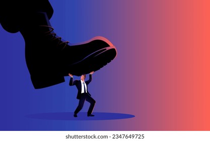 Vector illustration of a giant army boot trampling on a man, dictator, under pressure, oppression concept