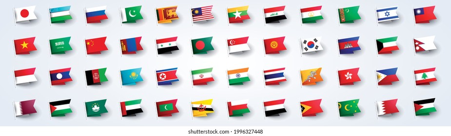 Vector Illustration Giant Asia Flag Set With Asian Country Flags