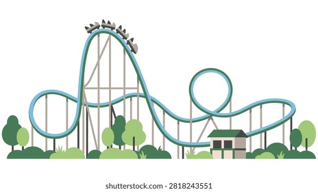 Vector illustration of giant blue roller coaster rail on steel supports, theme park attraction with trees and small building under clear background.