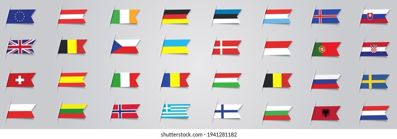 Vector Illustration Giant European Flag Set With Europe Country Flags.
