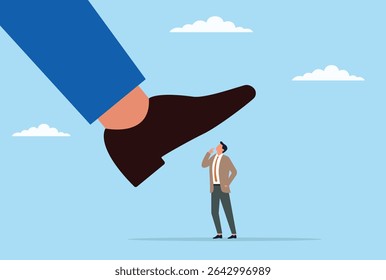 Vector illustration of a giant foot approaching a worried businessman, symbolizing pressure, fear of being crushed by challenges, or feeling overwhelmed by powerful external forces
