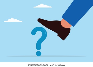 Ilustração vetorial de um pé gigante tentando ultrapassar um ponto de interrogação, representando a luta entre a supressão e o poder persistente da curiosidade, da investigação e da busca pelo conhecimento
