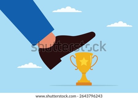 Vector illustration of a giant foot attempting to trample a golden trophy, symbolizing obstacles and opposition that threaten to undermine success, achievement, and victory
