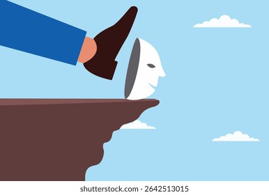 Vector illustration of a giant foot kicking a scam mask down a steep hill, symbolizing the defeat of fraud, rejection of deceit, and the fall of corruption and dishonesty
