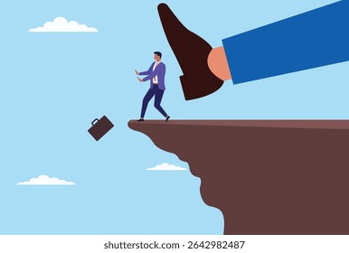 Vector illustration of a giant foot kicking a businessman down a steep hill, symbolizing overwhelming challenges, powerful setbacks, and the harsh realities faced in the business world
