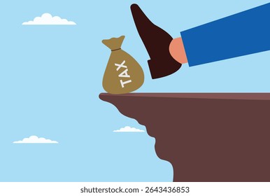 Vector illustration of a giant foot kicking a tax sack off the top of a mountain, symbolizing overcoming tax burdens, financial freedom, and breaking free from economic constraints
