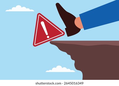 Ilustração vetorial de um pé gigante chutando um ícone de aviso no topo de uma montanha, simbolizando a eliminação forçada do perigo, a rejeição do risco ou a superação de grandes ameaças
