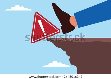 Vector illustration of a giant foot kicking a warning icon off the top of a mountain, symbolizing the forceful elimination of danger, risk rejection, or overcoming major threats

