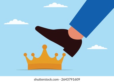 Ilustração vetorial de um pé gigante tentando pisar uma coroa, simbolizando rebelião, desafio da autoridade, a queda do poder ou um desafio à liderança e controle
