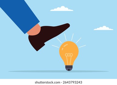Ilustração vetorial de um pé gigante tentando esmagar uma lâmpada brilhante, representando a batalha entre a pressão esmagadora e a resiliência de ideias brilhantes
