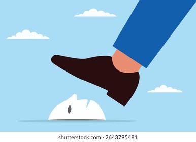 Ilustração vetorial de um pé gigante tentando pisar uma máscara de embuste, representando a batalha para esmagar a fraude, a fraude e a desonestidade nos negócios e na vida cotidiana
