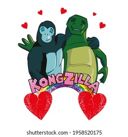 vector illustration of a giant gorilla and reptile hugging and smiling with red hearts. Design for t-shirts, stickers and posters.	