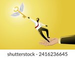 Vector illustration of giant hand helping a businessman to reach out for flying golden key
