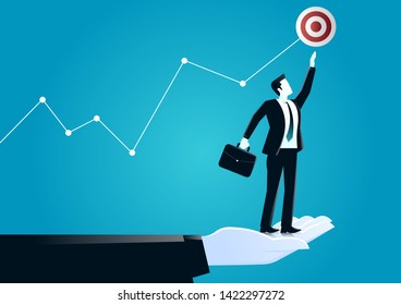 vector illustration of giant hand helping a businessman to reach the target. describe challenge and target business. business concept illustration