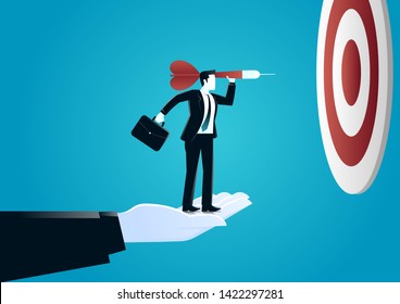vector illustration of giant hand helping businessman throwing a dart to target board. describe challenge and target business. business concept illustration