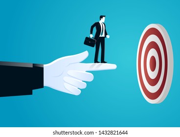 vector illustration of giant hand helping and pointing businessman to see the target. business concept illustration - Shutterstock ID 1432821644