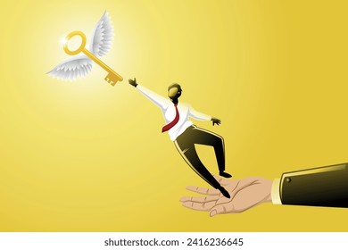 Vector illustration of giant hand helping a businessman to reach out for flying golden key