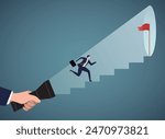 Vector illustration of giant hand holding a flashlight helping businessman uncovering hidden target. business concept illustration