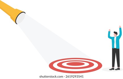 Vector illustration of giant hand holding a flashlight helping businessman uncovering hidden target. business concept illustration

